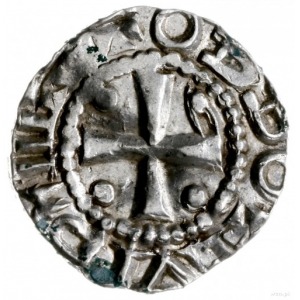 denar przed 983; Aw: Krzyż prosty z kulkami w kątach, w...