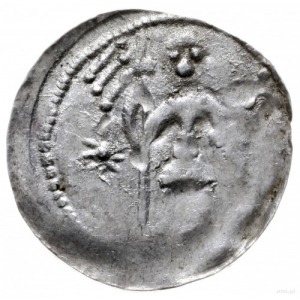 denar z lat 1146-1157; Aw: Rycerz stojący na wprost z p...