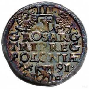 trojak 1591, Poznań; Iger P.91.1.a; kolorowa patyna, ba...