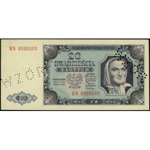 20 złotych 1.07.1948; seria HN, numeracja 0000009, perf...