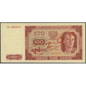 100 złotych 1.07.1948; seria GE, numeracja 0000038, obu...