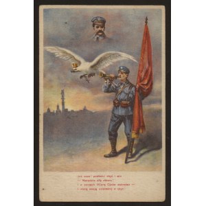 Alegoryczna widokówka z orłem,legionistą i podobizną J.Piłsudskiego.