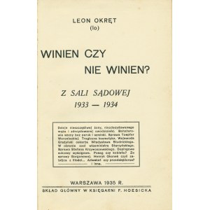 OKRĘT Leon (lo) (1864-1937): Winien czy nie winien? Z sali sądowej 1933-1934. Warszawa; Sgł. w księgarni F...