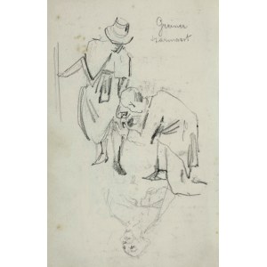 Stanisław Kaczor Batowski (1866-1945), U krawca - Kobieta pochylająca się i klęczący przy niej mężczyzna trzymający rąbek jej sukienki oraz szkic popiersia duchownego