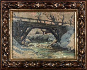 Józef PIENIĄŻEK (1888-1953), Pejzaż zimowy z rzeką i mostem