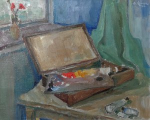Józef KOWNER (1895-1967), Martwa natura z paletą i pudełkiem z farbami, 1949