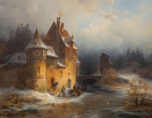 Francois Stroobant (1819 Bruksela - 1916 Bruksela), Zimowy pejzaż z zamkiem