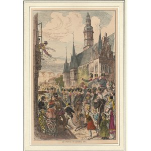 WROCŁAW. Żołnierze pruscy entuzjastycznie witani przez mieszczan wrocławskich wiosną 1813 r. na rynk...