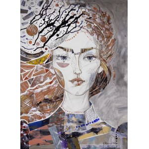 Gabriela Krawczyk, Niespokojny wiatr, 2020r., akryl, kolaż na płótnie, 70 x 50cm, sygn.p.d