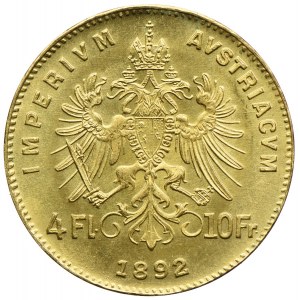 Austria, Franciszek Józef I, 4 floreny=10 franków 1892, Wiedeń