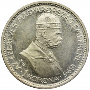 Węgry, Franciszek Józef I, 1 korona 1896, Kremnica, Tysiąclecie Węgier, Restrike Artex