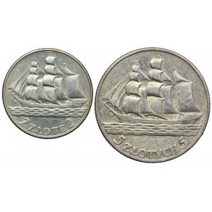 Zestaw monet, 2 złote, 5 złotych, 1936 Żaglowiec (2szt.)