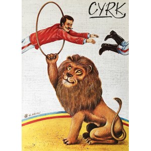 Rafał Olbiński, Cyrk - treser skaczący przez obręcz trzymaną przez lwa, 1980
