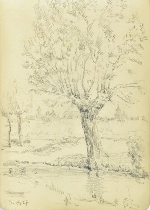 Józef Pieniążek (1888-1953), Pejzaż z drzewem i panoramą miasta w tle, 1927