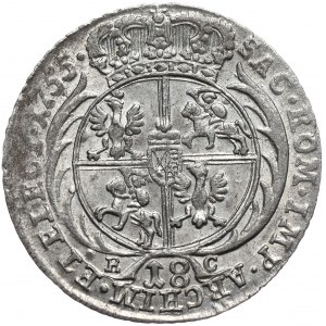 August III, Ort koronny 1755, Lipsk, szerokie popiersie, cyfry daty pochylone