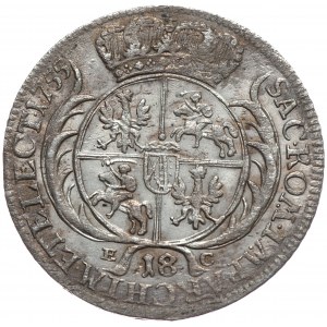 August III, Ort koronny 1755, Lipsk, szerokie popiersie, pod każdą literą M na rewersie dodatkowa kropka