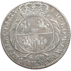 August III, dwuztotówka 1753 EC, Lipsk, smukłe popiersie, bardzo rzadka odmiana z literami OE pod popiersiem