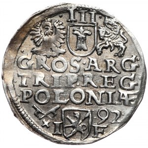 Zygmunt III Waza, trojak 1592, Poznań, szeroka twarz króla, data z prawej
