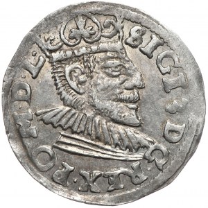 Zygmunt III Waza, trojak 1591, Poznań, wydłużona twarz króla, przebitka błędu na rewersie GOOS na GROS