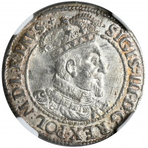 Kolekcja ortów polskich, ort 1617, Gdańsk, NGC MS 61, korona w herbie Gdańska z dużą rozetą umieszczoną zamiast lilii heraldycznej