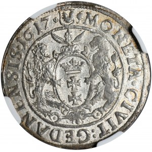 Kolekcja ortów polskich, ort 1617, Gdańsk, NGC MS 61, korona w herbie Gdańska z dużą rozetą umieszczoną zamiast lilii heraldycznej