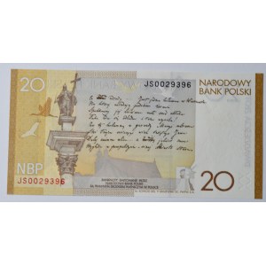 Banknote 20 zloty 2009 Juliusz Słowacki, JS0029396, in NBP issue folder
