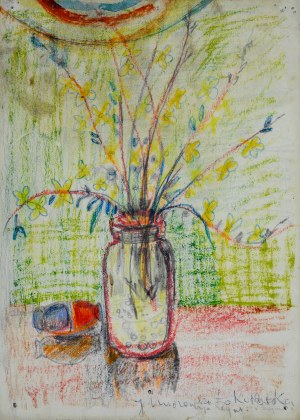 Janina Muszanka - Łakomska (1920-1982), Gałązki z żółtymi kwiatkami w szklanym słoju