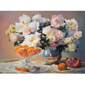Zbigniew Kopania, Still life with a bouquet of flowers and tangerines, 2018