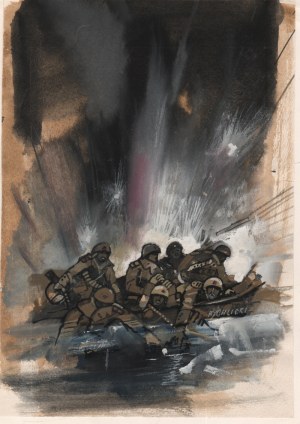 Zbigniew Rychlicki (1922-1989), [rysunek, 1987] [żołnierze pod ostrzałem]