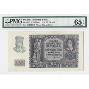 20 złotych 1940 - RZADSZA seria D - PMG 65 EPQ