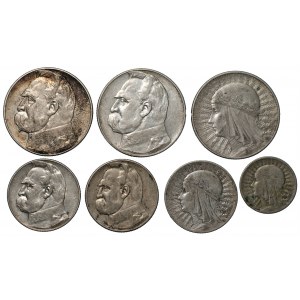 II RP - zestaw 7 srebrnych monet - Piłsudski, Polonia (1932-1936)