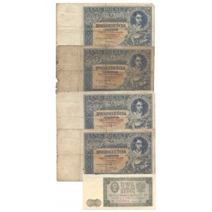Zestaw banknotów 20 złotych 1931 + 2 złote 1948 - razem 5 sztuk