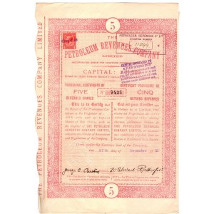 Tymczasowy Certyfikat na 5 akcji Petroleum Revenues Company 1911