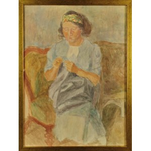 Leonard PĘKALSKI (1896-1944), Pani Wanda P. szyjąca  na kanapie