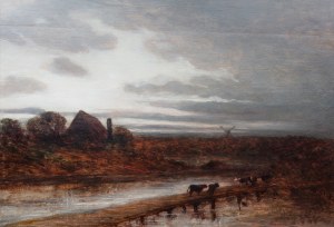 Eduard Schleich (1812 Haarbach - 1874 Monachium), Pejzaż z krowami i wiatrakiem