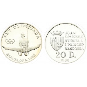 Andorra 20 Diners 1988 1992 Summer Olympics. Averse: Crowned arms to left of five line inscription; value below...