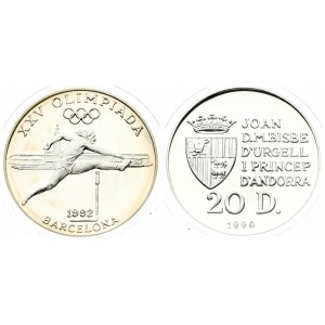 Andorra 20 Diners 1990 1992 Summer Olympics. Averse: Crowned arms to left of five line inscription; value below...