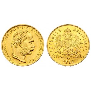 Austria 8 Florins-20 Francs 1892 Restrike. Franz Joseph I(1848-1916). Averse: Laureate head right; heavy whiskers...