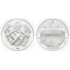 Belarus 20 Roubles 2012 2014 World Ice Hockey Championship. Averse: National arms above Minsk Arena. Reverse...