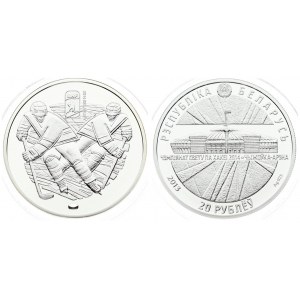 Belarus 20 Roubles 2013 2014 World Ice Hockey Championship. Averse: National arms above Chyzhouka Arena. Reverse...
