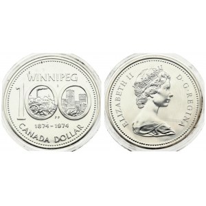 Canada 1 Dollar 1874-1974 Winnipeg Centennial. Averse: Young bust right. Reverse: Zeros frame pictures; dates below...