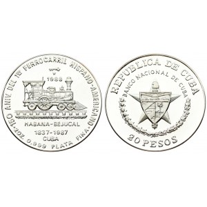 Cuba 20 Pesos 1988 150th Anniversary - First Railroad in Cuba. Averse:  Arms on star background above half wreath...