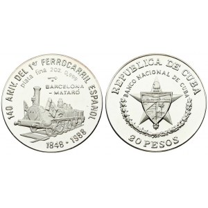 Cuba 20 Pesos 1988 First Railroad. Averse:  Arms on star background above half wreath. Reverse: First Railroad. Silver...