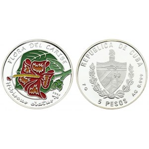 Cuba 5 Pesos 1997 Averse: National arms within wreath; denomination below. Reverse: Multicolored hibiscus. Silver...