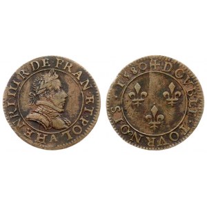 France 1 Double Tournois 1580 Paris mint.  Henri III (1574-1589). Averse Lettering: HENRI.III.R.DE.FRAN.ET.POL A...