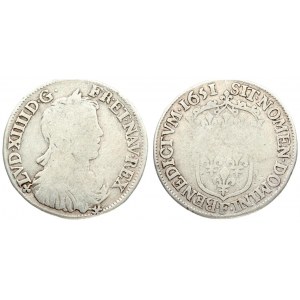 France 1/2 ECU 1651 F Angers. Louis XIV(1643-1715). Averse: Head of Luis XIV. Reverse: Crowned arms of France. Silver...