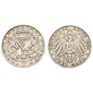 Germany BREMEN 2 Mark 1904 J Averse: Key on crowned shield with supporters. Reverse: Crowned imperial eagle...