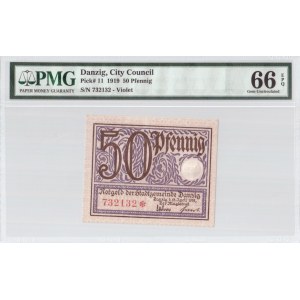 Germany Danzig 50 Pfennig 1919 Banknote Pick#11. №732132 Violet.  PMG 66 Gem Uncirculated