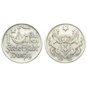 Germany Danzig 1 Gulden 1923 Averse: Ship and star divide denomination. Reverse: Shielded arms with supporters...