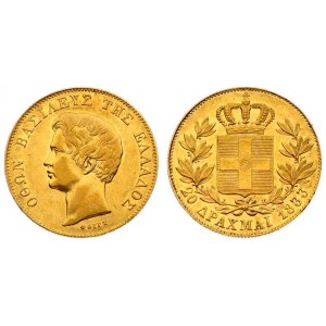 Greece 20 Drachmai 1833 Othon(1832-1862). Averse: Head left. Reverse: Crowned arms within branches. Gold. KM 21; Divo 9...